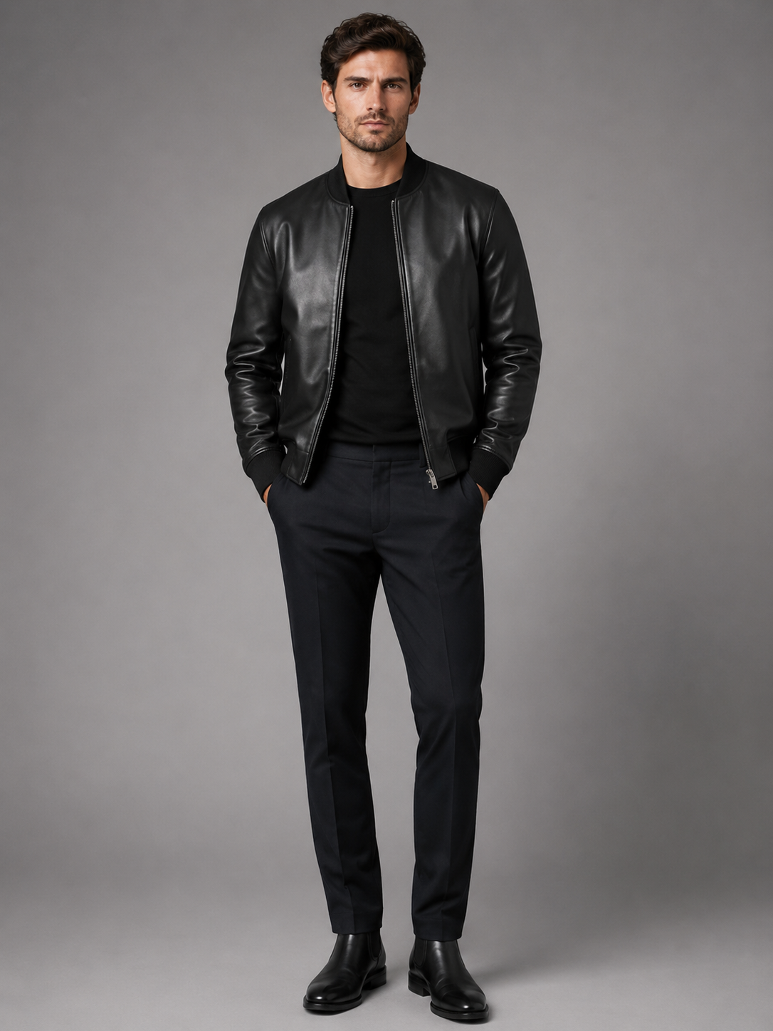 Classic Black Leather Bomber Jacket