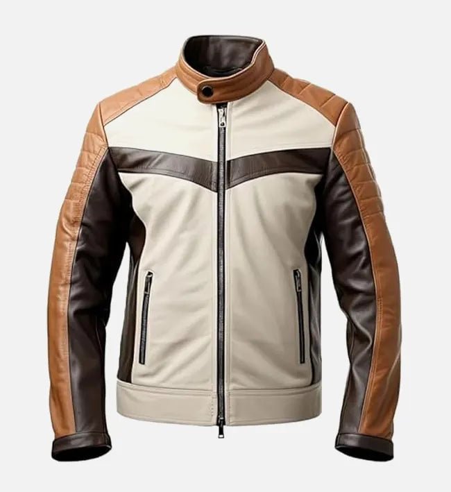 Men's Coffee Brown Beige Cafe Racer Leather Jacket