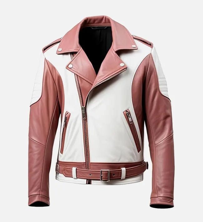 Women's White and Rosy Brown Biker Leather Jacket