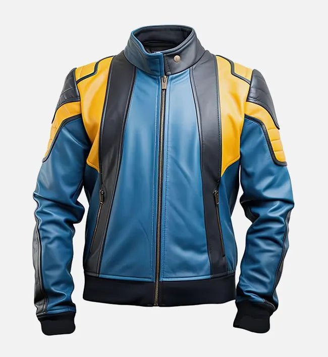Men's Blue and Yellow Cafe Racer Bomber Leather Jacket