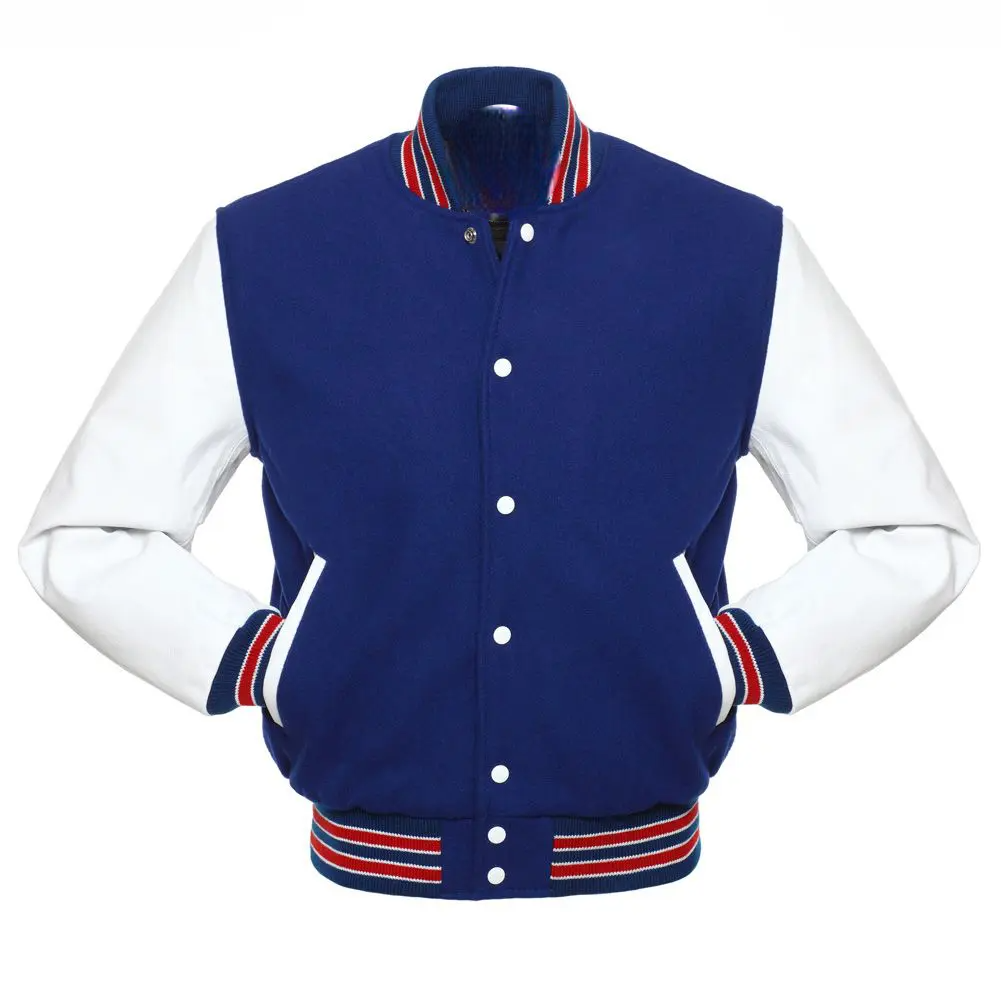 Royal Blue Wool White Leather Sleeves Varsity Jacket