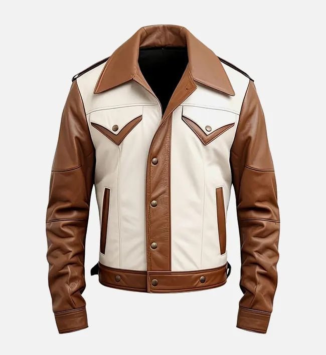 Men's Brown & White Leather Trucker Jacket